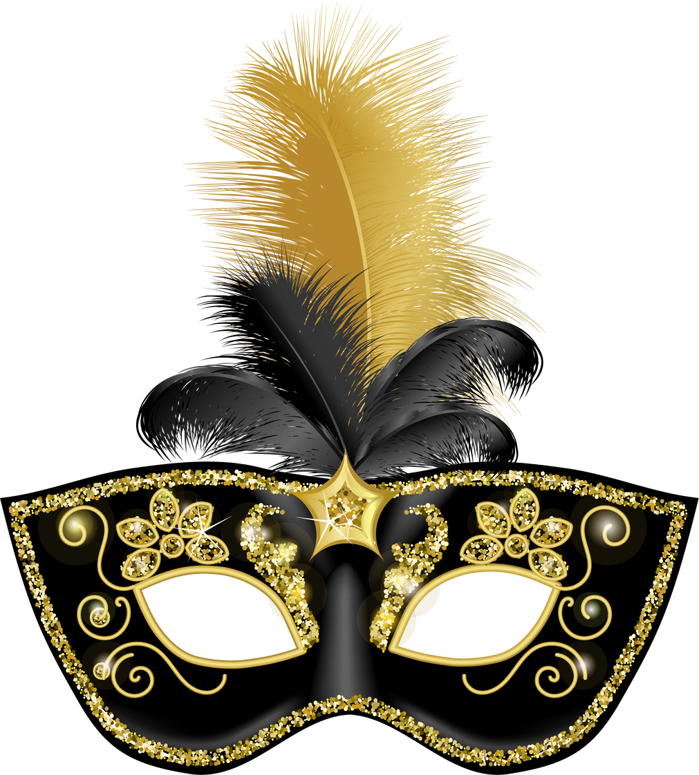 Black carnival mask, gold feathers, gold decorative buttons